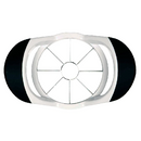 A white and black apple slicer with a stainless steel core and blades, shown next to several pre-sliced red and green apple wedges. Dimensions of the slicer are indicated: 7"/17.8cm wide, 2.25"/5.7cm high, and 4.12"/10.46cm deep.