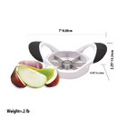 A white and black apple slicer with a stainless steel core and blades, shown next to several pre-sliced red and green apple wedges. Dimensions of the slicer are indicated: 7"/17.8cm wide, 2.25"/5.7cm high, and 4.12"/10.46cm deep.