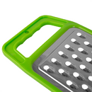 Four vibrant 1 Side Graters from H D S are lined up side by side, featuring a stainless steel grating surface. Their sharp teeth promise efficient grating. With handles in green, yellow, red, and orange, these graters provide two sections for different sizes.
