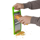 Four vibrant 1 Side Graters from H D S are lined up side by side, featuring a stainless steel grating surface. Their sharp teeth promise efficient grating. With handles in green, yellow, red, and orange, these graters provide two sections for different sizes.