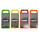 Four vibrant 1 Side Graters from H D S are lined up side by side, featuring a stainless steel grating surface. Their sharp teeth promise efficient grating. With handles in green, yellow, red, and orange, these graters provide two sections for different sizes.