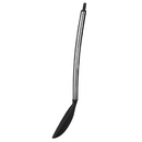 Heat-resistant black silicone kitchen spoon with polished stainless steel handle and hanging loop.