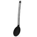 Heat-resistant black silicone kitchen spoon with polished stainless steel handle and hanging loop.