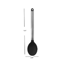 Heat-resistant black silicone kitchen spoon with polished stainless steel handle and hanging loop.