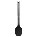 Heat-resistant black silicone kitchen spoon with polished stainless steel handle and hanging loop.