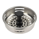 Polished stainless steel sink strainer with small center handle, shown on a white background.