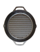 Black cast iron grill pan with dual handles and raised ridges, designed for stovetop or oven cooking.