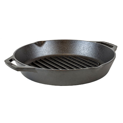 Black cast iron grill pan with dual handles and raised ridges, designed for stovetop or oven cooking.