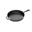 A durable 10-inch round cast iron grill pan with raised ridges for perfect grilling indoors. Pre-seasoned for a natural, non-stick surface and even heat distribution. Features a sturdy handle and side spout for easy pouring. Ideal for searing meats, grilling vegetables, and achieving restaurant-quality results at home.