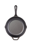 A classic 10.25-inch cast iron skillet, pre-seasoned for a natural, non-stick finish. Designed for even heat distribution, making it ideal for frying, searing, baking, and sautéing. Features a sturdy handle with a helper grip and dual pour spouts for easy handling. Perfect for use on stovetops, ovens, and campfires.