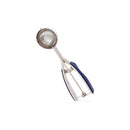 A stainless steel scooper with a large-sized bowl, internal spring mechanism, and blue soft-grip handles.