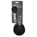 Packaged Home Basics measuring spoon set, including eight black plastic spoons of different sizes attached to two metal rings.