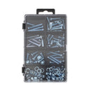 Black plastic assortment box with a clear lid, containing various stove bolt.