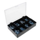 Black plastic assortment box with a clear lid, containing various stove bolt.