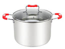 A large, silver stainless steel stock pot with a clear glass lid and bright red silicone-covered handles. The lid also features a red-accented handle.