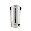 A stainless steel 100-cup hot water urn with a spout and handles on a white background.