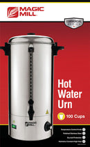 Retail packaging for stainless steel 100-cup hot water urn with a spout and handles on a white background.