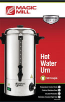 A stainless steel hot water urn with a black spigot, visible water level gauge, and a black adjustable temperature dial on the lower front.