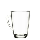Clear glass coffee mug with a sleek, modern design. Features a sturdy handle and a slightly tapered shape, perfect for hot beverages like coffee or tea. Transparent and minimalist, ideal for home or café use.