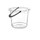 Transparent plastic bucket with black handle and measurement markings on the side.