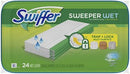 A package of Swiffer Sweeper Wet Mopping Cloths, showing a stack of white cloths with a green stripe. The packaging indicates it contains 24 wet cloths and features the "Trap + Lock" logo.
