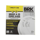 Packaging for a "First Alert PRC710B 10 Year Combo Carbon Monoxide Alarm." The box highlights "SMOKE & CO COMBO ALARM" with "10YR LITHIUM POWER PHOTOELECTRIC." Features include low profile, tamperproof design, 10-year CO sensor/battery life, and silence. A partial view of the white, circular alarm is on the right, marked "Elite Alert" and "10 YEARS."