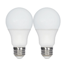 Two frosted A19 LED bulbs, 9.8W each, 2700K warm white, medium E26 base.
