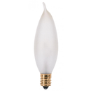 Frosted white flame tip shaped light bulb with a brass-colored candelabra base, 15 watts.