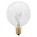 Clear glass globe incandescent light bulb, 60 Watts, 2.1 inches in diameter, with a standard screw base. 