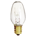 A clear, flame-tip shaped C7 incandescent light bulb with a visible filament and a brass candelabra screw-in base.