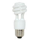 A white Satco S5504 compact fluorescent light (CFL) bulb is shown against a white background. This 9-watt T2 ultra mini spiral bulb has a standard E26 medium screw base and emits a 2700K warm white light. It is Energy Star certified, indicating its energy efficiency.