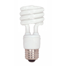 A white Satco S7219 compact fluorescent light (CFL) bulb is shown against a white background. This 13-watt T2 mini spiral bulb has a standard E26 medium screw base, equivalent in brightness to a traditional 60-watt incandescent bulb. It is specifically designed and safe for use in enclosed lighting fixtures.