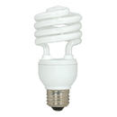 A white Satco S6278 compact fluorescent light (CFL) bulb is shown against a white background. This 18-watt T2 mini spiral bulb has a standard E26 medium screw base and emits a 5000K daylight white light, equivalent in brightness to a traditional 75-watt incandescent bulb. It is specifically designed and safe for use in enclosed lighting fixtures.
