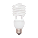 A white Satco S7228 compact fluorescent light (CFL) bulb is shown against a white background. This 23-watt T2 mini spiral bulb has a standard E26 medium screw base and emits a 4100K cool white light, equivalent in brightness to a traditional 100-watt incandescent bulb. It is specifically designed and safe for use in enclosed lighting fixtures.