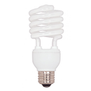 A white Satco S7228 compact fluorescent light (CFL) bulb is shown against a white background. This 23-watt T2 mini spiral bulb has a standard E26 medium screw base and emits a 4100K cool white light, equivalent in brightness to a traditional 100-watt incandescent bulb. It is specifically designed and safe for use in enclosed lighting fixtures.