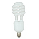 A white Satco S7365 compact fluorescent light bulb is shown against a white background. The bulb has a spiral shape and a standard E12 candelabra screw base. The product specifications indicate it is a 13-watt bulb producing a 2700K warm white light at 120 volts. This is an energy-efficient lighting option.