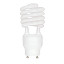 white Satco S8210 compact fluorescent light (CFL) bulb is shown against a white background. This 23-watt mini spiral bulb has a GU24 twist-lock base and emits a cool white (4100K) light with a brightness of 1600 lumens. It is an energy-efficient replacement for a 100-watt incandescent bulb and is designed for use in compatible light fixtures.