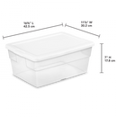 Clear plastic storage box with a white snap-on lid. The transparent body allows for easy visibility of contents. A small blue dot is visible on the side of the container.