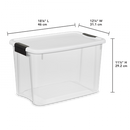  The rectangular shape with rounded corners, the snap-on black latch handles, and the clear plastic construction are all characteristic of Sterilite Ultra Latch storage bins.