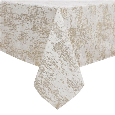 Folded 70" x 108" jacquard tablecloth with gold mosaic print displayed on a white background.
