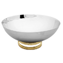 A Stainless steel bowl that sits atop a distinctive base constructed of two interlocking textured gold loops.