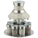 An Aluminium Wine Divider With 8 Kiddush Cups, featuring a speckled grey and white design on the cups and upper section, with silver accents and a round base.