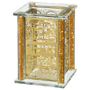Gold-finish crystal Tzedakah box with metal plates featuring Jerusalem design on a white background.