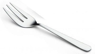 Set of four stainless steel serving forks arranged in a fan shape on a white background.