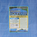 ue heavy-duty poly tarp with a product label featuring the text 'The Ultimate POLYTARP' and details about its size (10' x 12'), strength, and uses for covering equipment, construction materials, and outdoor furniture.