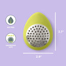 Green oval-shaped Chef'n garlic grater with a stainless steel grating surface, displaying "BPA FREE", "DISHWASHER SAFE", and dimensions of 3.7" x 2.9".