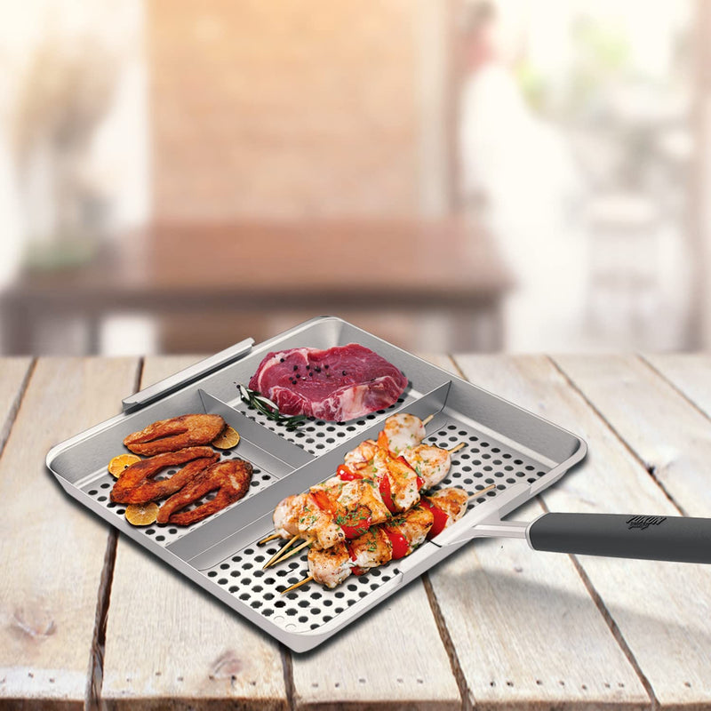 Yukon Glory BBQ 'N SERVE 3 Section BBQ Grill Basket The Grilling Basket Includes a Clip-On Handle - Perfect Grill Baskets for Outdoor Grill Vegetables or Fish Basket & Meat