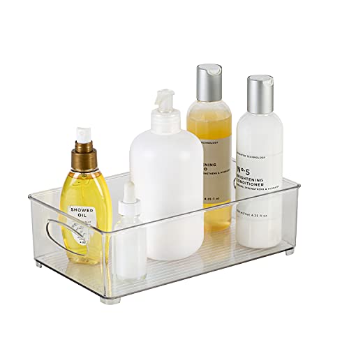 Simplify Medium Bin | Multi-Purpose | Cabinet & Refrigerator Storage | Bathroom | Office | Carrying Handles | Transparent Clear Vertical Stripe Organizer