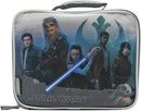 A rectangular soft lunch box featuring a large graphic of Star Wars characters including Rey holding a lightsaber, Finn, Poe Dameron, and Chewbacca.
