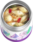 Frozen 2-themed THERMOS FUNtainer 10oz stainless steel kids food jar filled with macaroni soup, displayed on a white background.